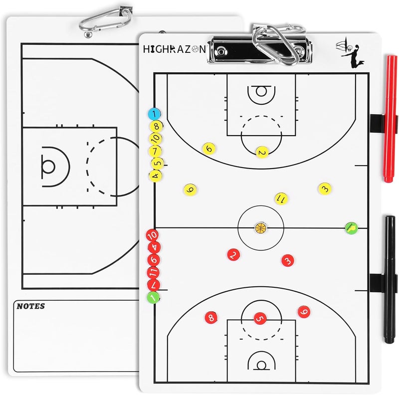 HIGHRAZON Magnetic Basketball Coaches Clipboard, White Double-Sided Dry Erase Coach Board, Tactics Whiteboard with Color Magnetic Sticker and 2 Marker for Coaches Gift - Image 1